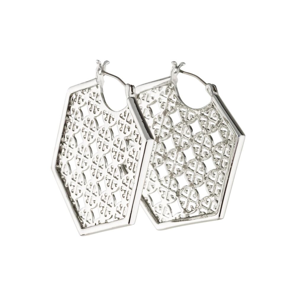 Mint Designer Tori Burch $148 Perforated Logo Hex Silver Tone Metal Hoops